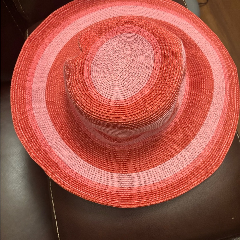Wide Brim Straw Sun Hat - Coral and Light Pink Stripes